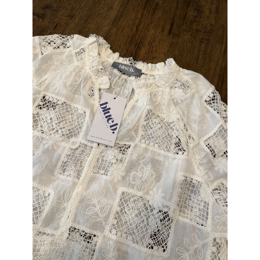 Blue B. Collection NWT White Crochet Peplum Top Boho Lace Bell Sleeve Blouse L